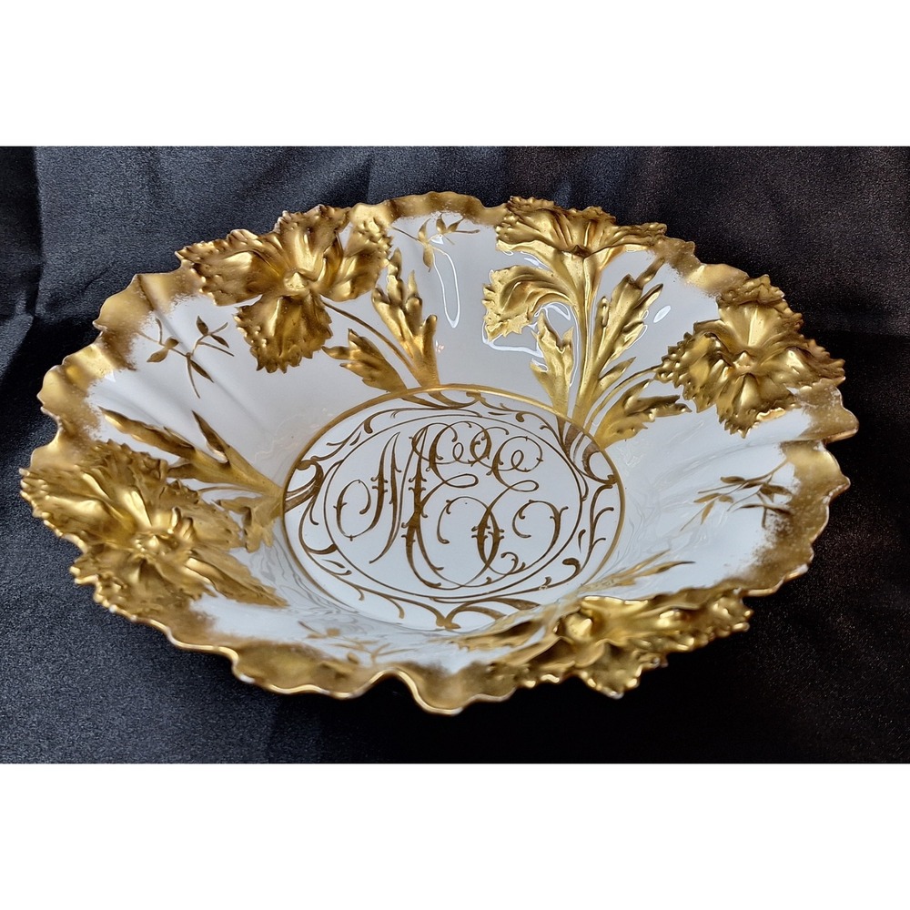 Antique RS Germany Porcelain Bowl Gold Gilt Ruffled Scalloped Floral Monogram